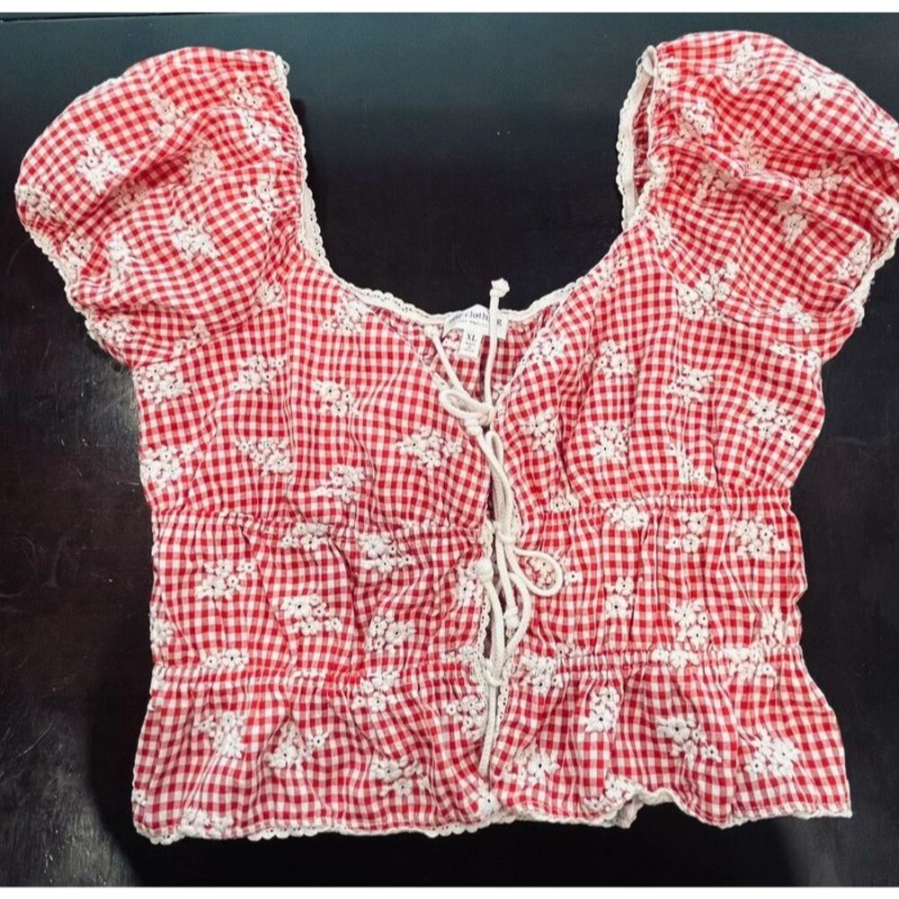 One Clothing Red Gingham Floral Puff Sleeve Top – XL